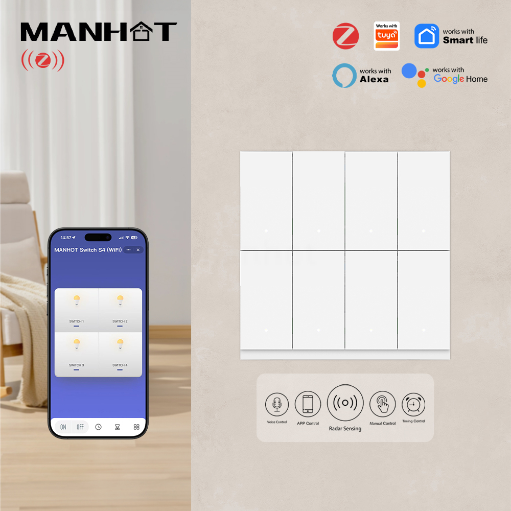 Smart Light Switch Wifi - MANHOT 6/8 Gang WiFi Zigbee slimme